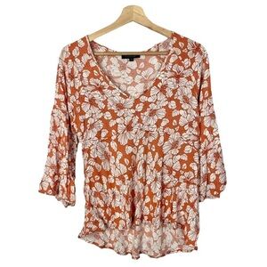 Rachel Zoe Orange & White Poppy Floral Long Sleeve Blouse M